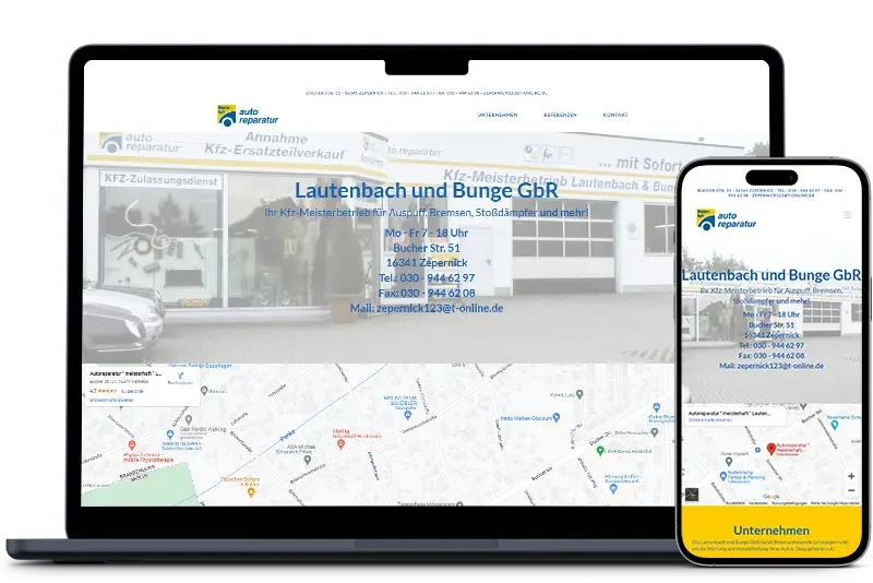 Mockup of the website as123-zepernick.de on a laptop and a smartphone for the car repair shop Lautenbach &amp; Bunge.