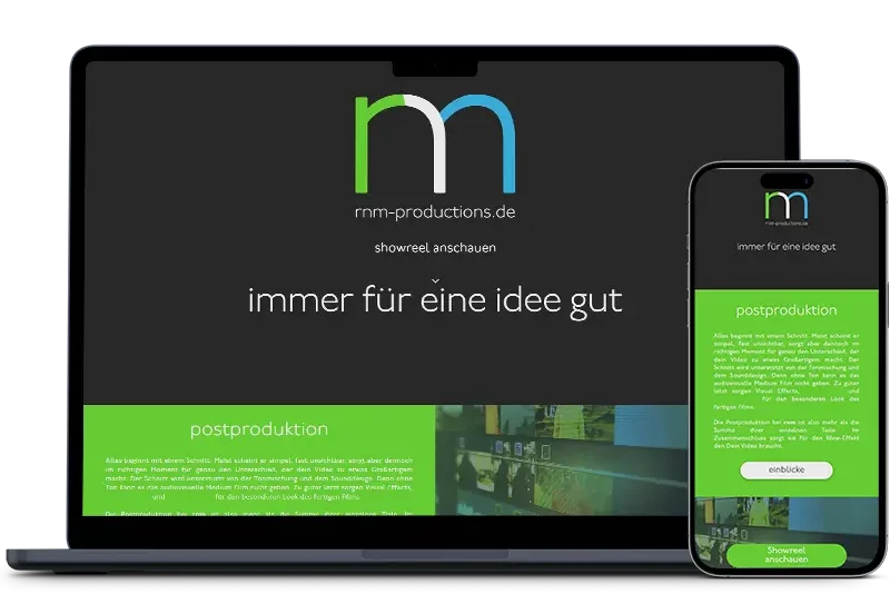 Mockup der Webseite rnm-productions.de auf einem Laptop und einem Smartphone